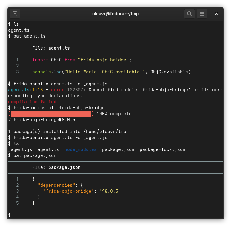 Terminal showing frida-pm install results