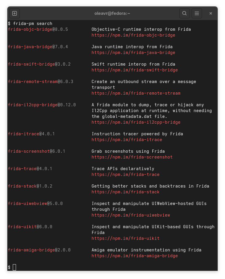 Terminal showing frida-pm search results